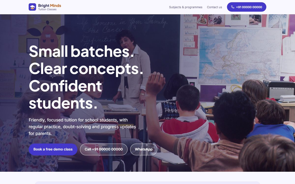 Tuition classes website with a teacher and students